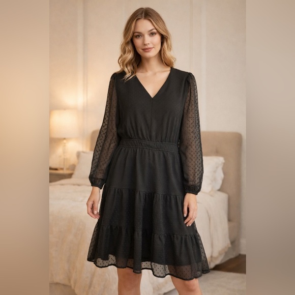 LOFT Dresses & Skirts - LOFT Black Swiss Dot Sheer Dress Size 14 Long Sleeve V-Neck Tiered Ruffle Hem